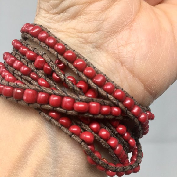 Boho Red Beaded Bracelet Wrapped on Waxed Linen with Silver Toned Button Closure - Picture 3 of 13